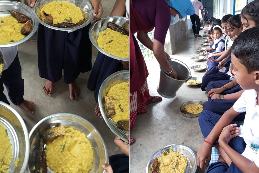 Hilsa is served at mid-day meals, and children eat khichuri and fried eggplant in remote schools in the Sundarbans.