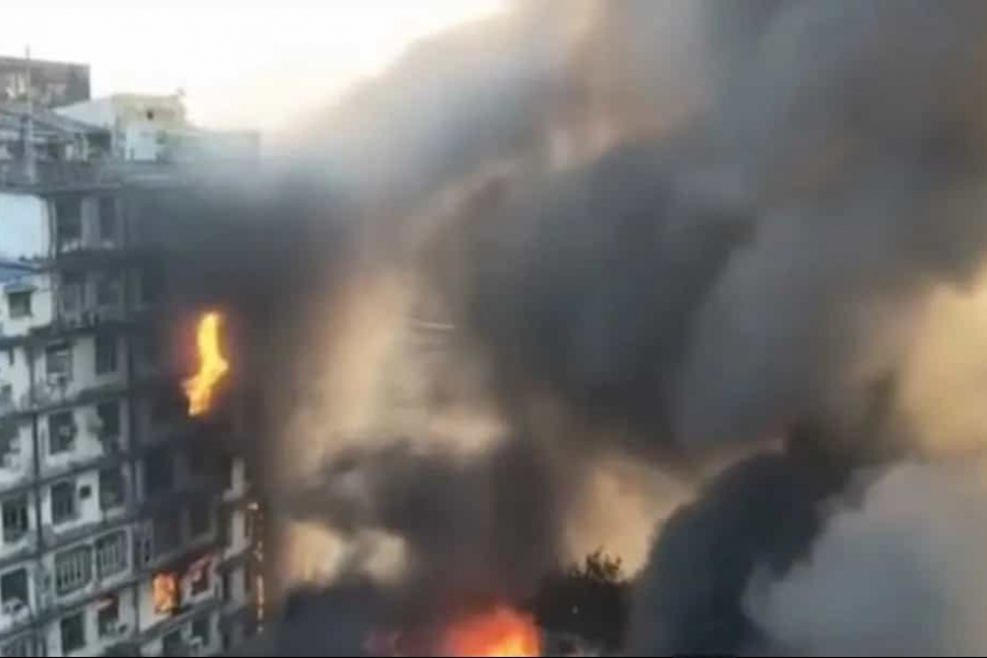 A massive fire broke out on Ezra Street near Lalbazar. Smoke rising from the second floor of an electrical shop at 5 am on Saturday instantly turned into a blaze