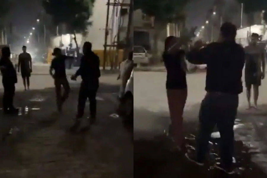 She was feeding the dogs. Suddenly a man came. He slapped the woman